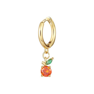 A selection of small hoop earrings with fruit-shaped dangle drops, each in different colors, displayed against a white background.