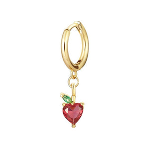 A selection of small hoop earrings with fruit-shaped dangle drops, each in different colors, displayed against a white background.