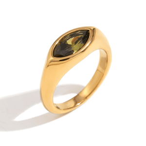 Gold ring with a green gemstone on a white background
