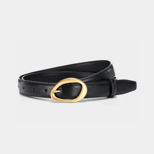 Black belt with a gold buckle on a light gray background