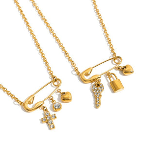 Gold Safety Pin Cross Key Heart Necklace - Perimade & Co.