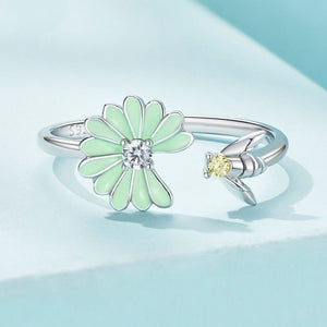 Green Enamel Daisy Bee CZ Bypass Open Ring - Perimade & Co.