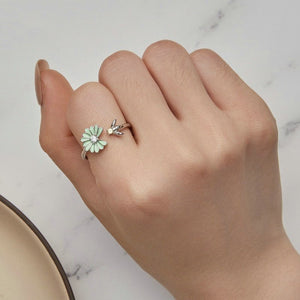 Green Enamel Daisy Bee CZ Bypass Open Ring - Perimade & Co.