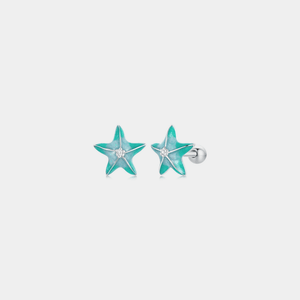 Pair of turquoise starfish-shaped earrings on a light gray background