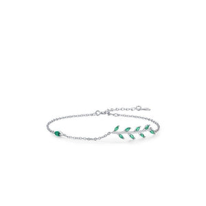 Silver bracelet with green gemstones on a white background