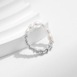 Half Pearl Coiled Silver Stretch Stackable Ring - Perimade & Co.
