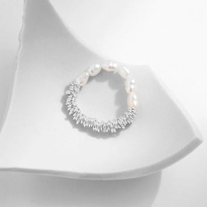 Half Pearl Coiled Silver Stretch Stackable Ring - Perimade & Co.