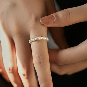 Half Pearl Coiled Silver Stretch Stackable Ring - Perimade & Co.