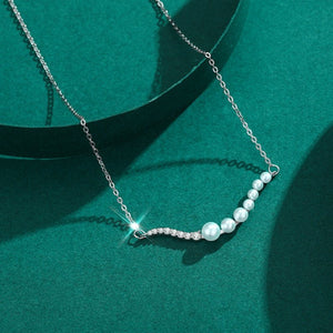 Half Pearl CZ Pave Wave Bar Charm Necklace - Perimade & Co.