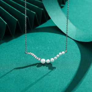 Half Pearl CZ Pave Wave Bar Charm Necklace - Perimade & Co.