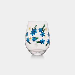 Clear glass with blue floral design on a white background