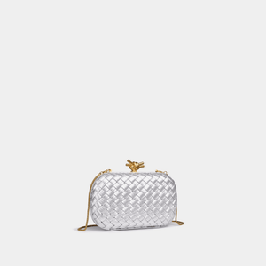 Silver woven handbag with gold accents on a light gray background