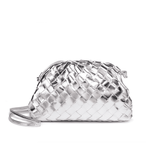 Silver woven handbag on a white background