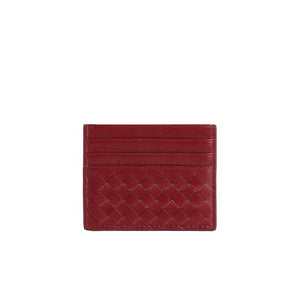 Red woven leather cardholder on a white background