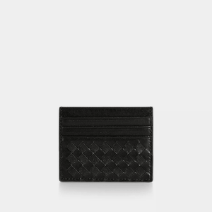 Black woven leather cardholder on a light gray background