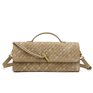 Beige woven handbag with a gold clasp on a white background