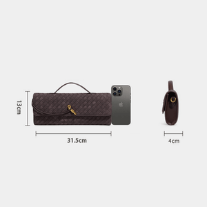 Handbag, phone, and small pouch with measurements on a white background