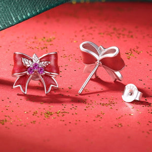 Holiday Holly Berry Ribbon Bow Stud Earrings - Perimade & Co.