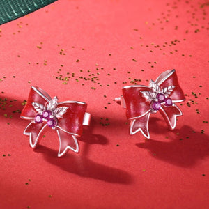 Holiday Holly Berry Ribbon Bow Stud Earrings - Perimade & Co.