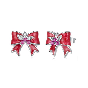Holiday Holly Berry Ribbon Bow Stud Earrings - Perimade & Co.