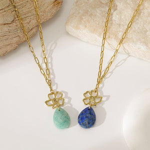 Hollow Floral Teardrop Stone Charm Necklace - Perimade & Co.