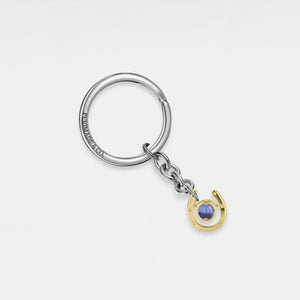 Silver keychain with a gold and blue pendant on a white background