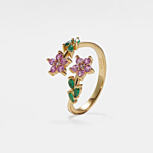 Purple Yellow Flower Stacking Bypass Ring