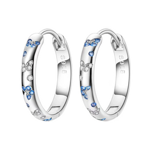 Blue and clear cz butterfly huggie hoop earrings in 925 sterling silver with polished finish and hinged closure