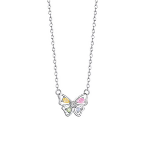Butterfly-shaped necklace with colorful gemstones on a white background