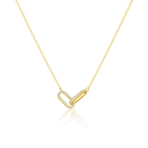 Gold necklace with a V-shaped pendant on a white background