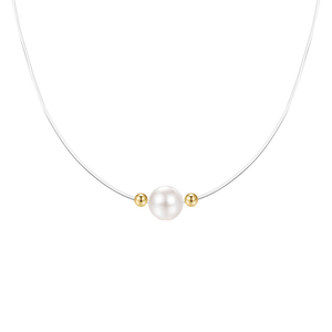 Pearl necklace with gold accents on a white background