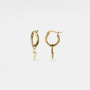 Gold hoop earrings with lightning bolt charms on a light gray background