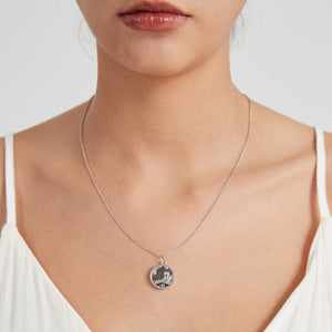 Woman wearing a silver necklace with a round locket featuring a fox and stars on a light gray background, inspired by 'The Little Prince'.