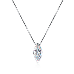 Silver necklace with a clear teardrop-shaped pendant on a white background