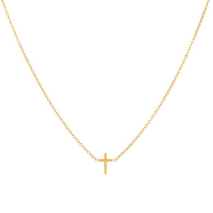 Gold necklace with a small cross pendant on a white background