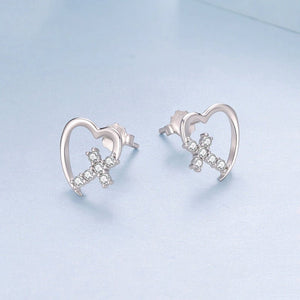 Minimalist Heart Cross Pave CZ Stud Earrings - Perimade & Co.