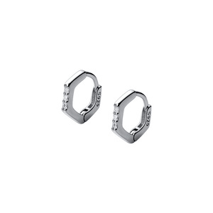Hexagonal hoop earrings with small diamonds on a white background