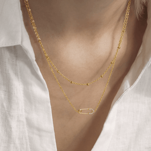 Gold necklace with a pendant on a person wearing a white shirt.
