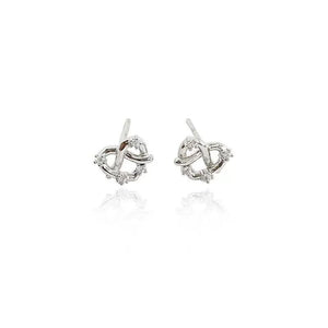 Pair of silver earrings with a heart and infinity symbol design on a white background
