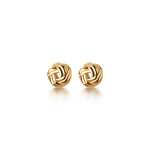 Pair of gold knot earrings on a white background