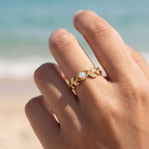 Minimalist White Opal Leaf Branch Band Ring - Perimade & Co.