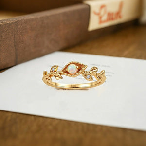 Minimalist White Opal Leaf Branch Band Ring - Perimade & Co.