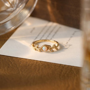 Minimalist White Opal Leaf Branch Band Ring - Perimade & Co.