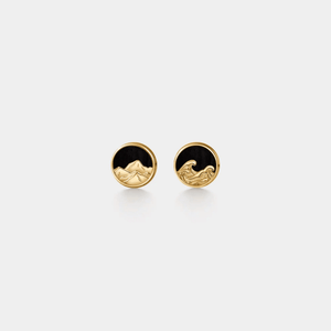 Pair of gold earrings with black accents on a white background