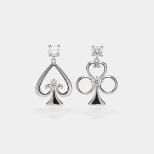 Pair of silver earrings with diamond accents on a white background