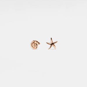 A pair of stud earrings featuring one conch shell and one starfish design, both in rose gold plating, on a white background.