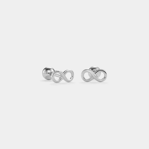 A pair of gold-plated sterling silver infinity symbol stud earrings with screw back closures, presented against a white background.