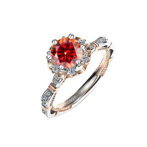 A collection of six moissanite cocktail rings with floral designs, displayed against a white background. The rings feature a variety of colors including blue, yellow, and red, with a hypoallergenic silver finish.