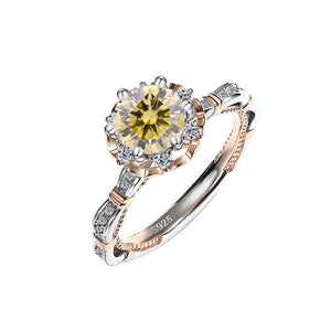 A collection of six moissanite cocktail rings with floral designs, displayed against a white background. The rings feature a variety of colors including blue, yellow, and red, with a hypoallergenic silver finish.