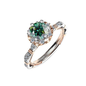 A collection of six moissanite cocktail rings with floral designs, displayed against a white background. The rings feature a variety of colors including blue, yellow, and red, with a hypoallergenic silver finish.